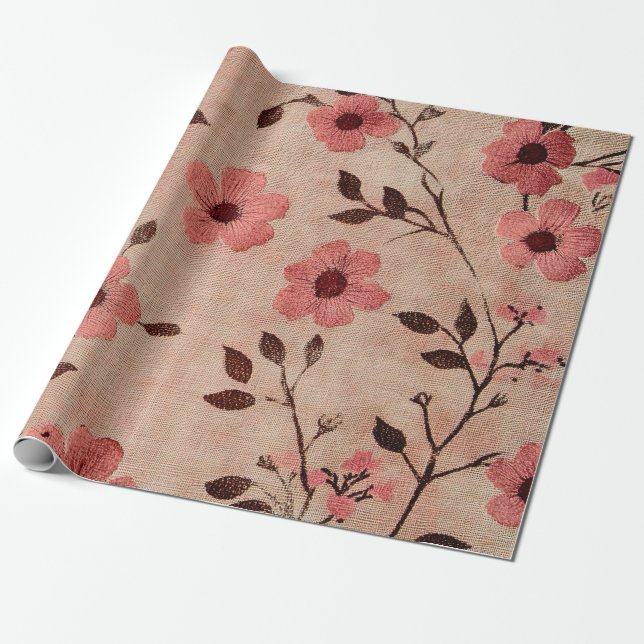 Papier Cadeau Motif lin floral rose rustique (4) (Déroulé)