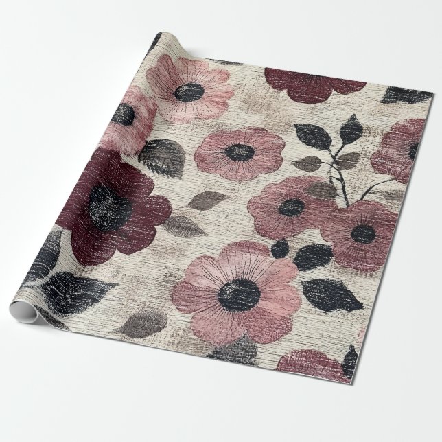 Papier Cadeau Motif lin floral rose rustique (7) (Déroulé)