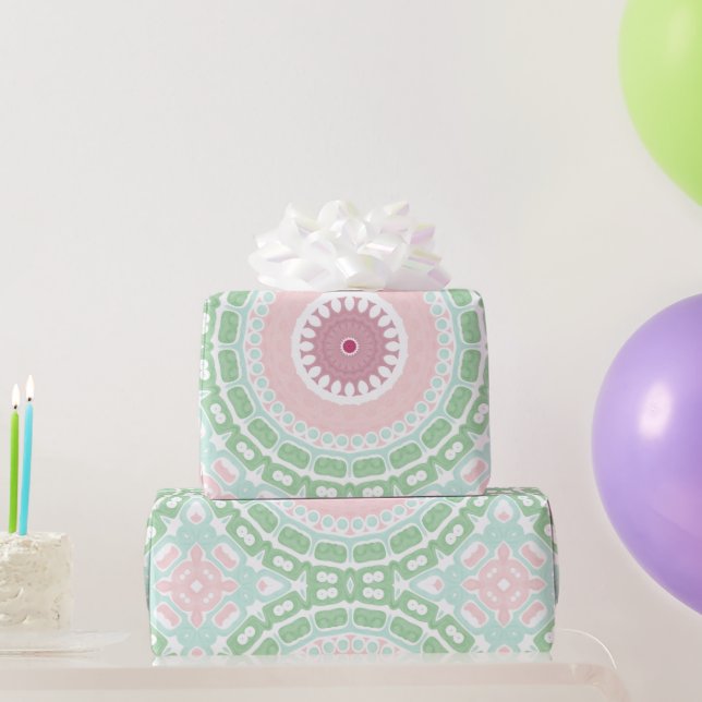Papier Cadeau Motif mandala moderne vert menthe et rose (Cadeaux de fête)