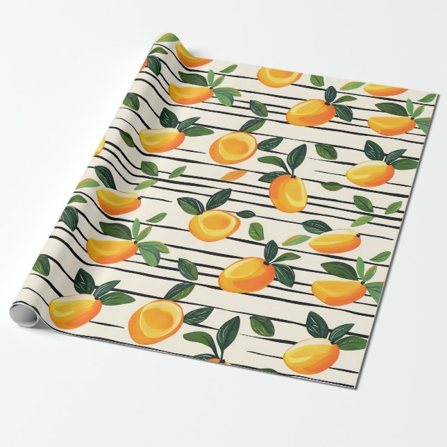 Papier Cadeau Motif Mango Aquarelle avec Feuilles verts (Déroulé)