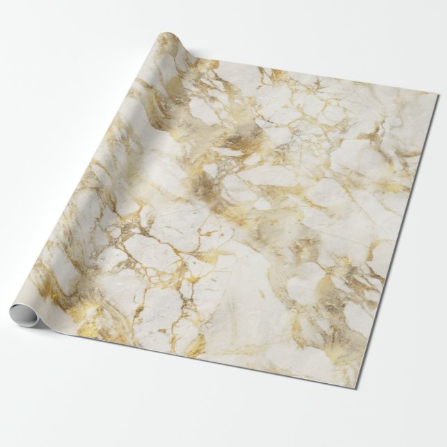 Papier Cadeau Motif Marbre Blanc et Or Moderne (Déroulé)