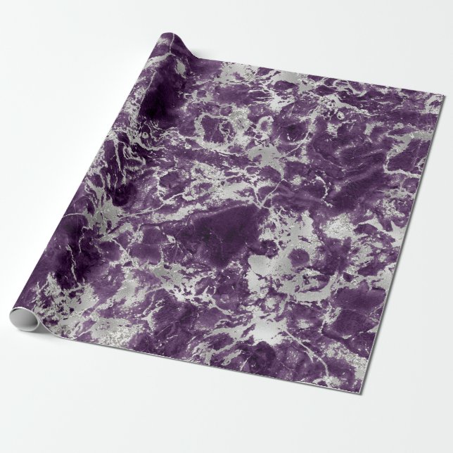 Papier Cadeau Motif marbre moderne violet et argent (Déroulé)