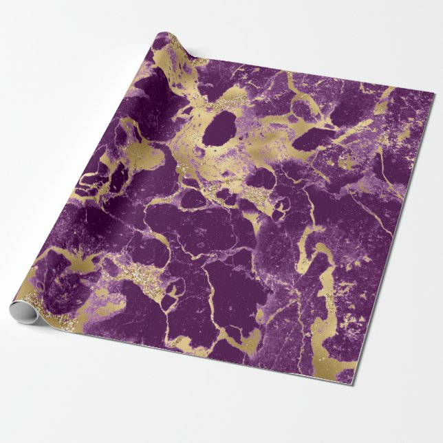 Papier Cadeau Motif marbre moderne violet et or (Déroulé)