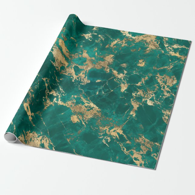 Papier Cadeau Motif marbre sarcelle et or moderne (Déroulé)
