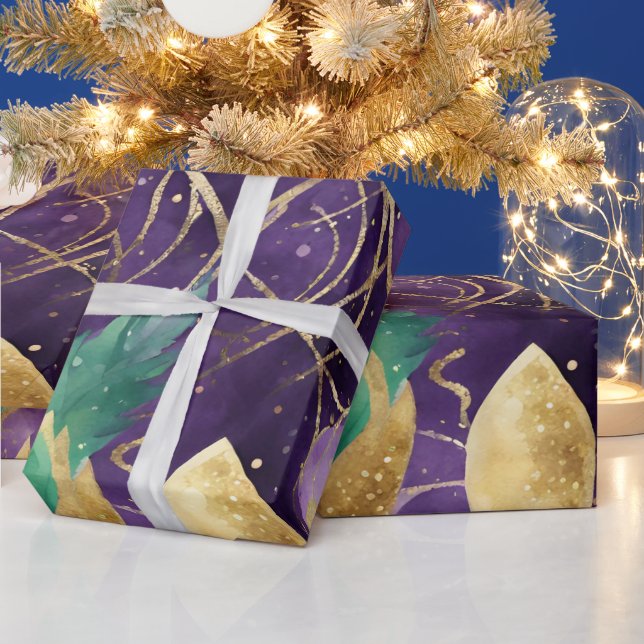 Papier Cadeau Motif Mardi Gras violet, vert et or (Vacances)