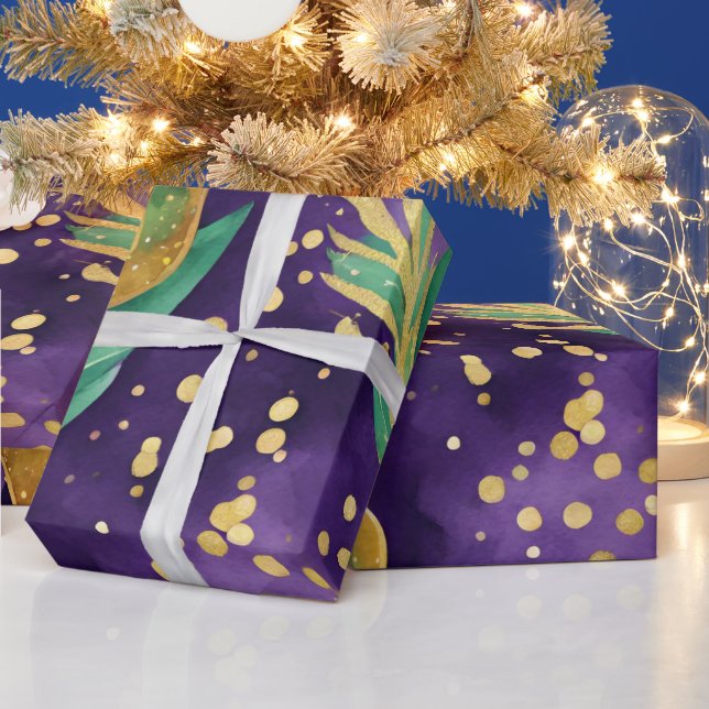 Papier Cadeau Motif Mardi Gras Violet, Vert et Or (Vacances)