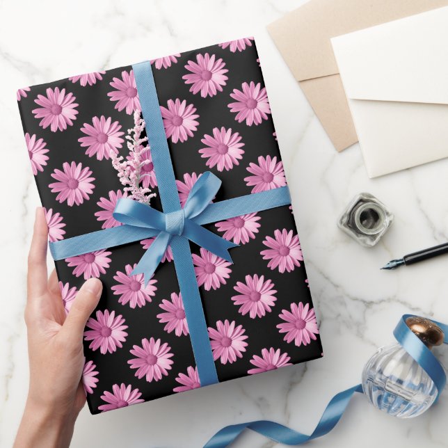 Papier Cadeau Motif marguerrier - rose sur noir (Cadeaux)