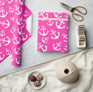 Papier Cadeau Motif Marin Ancres Rose et Blanc