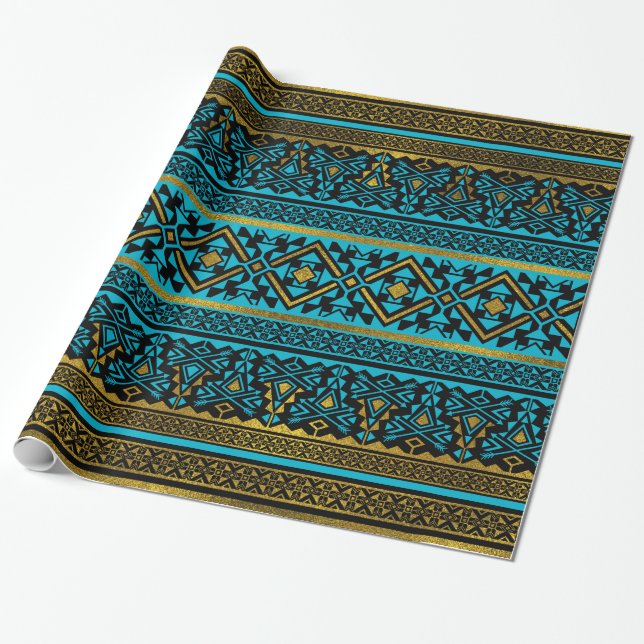 Papier Cadeau Motif mexicain de style - noir, sarcelle d'hiver (Déroulé)