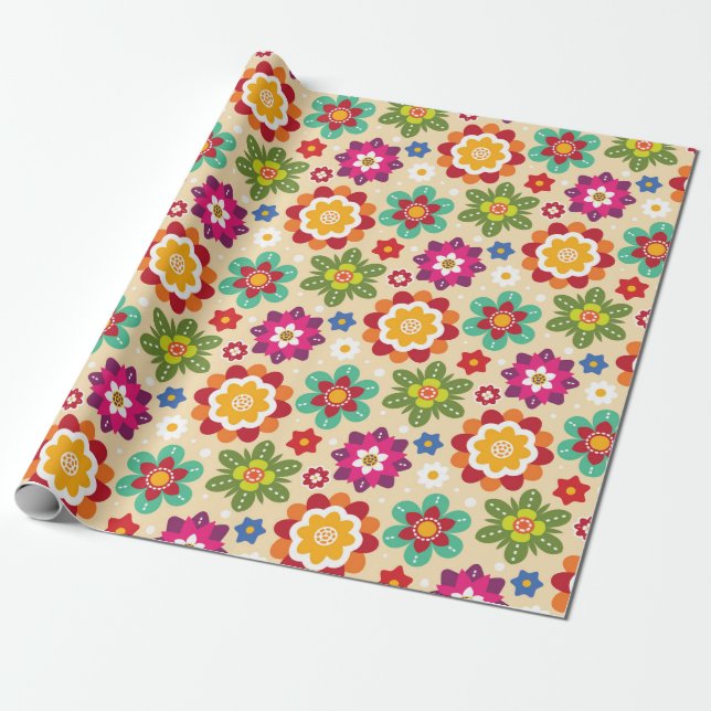 Papier Cadeau Motif mexicain des fleurs d'art populaire (Déroulé)