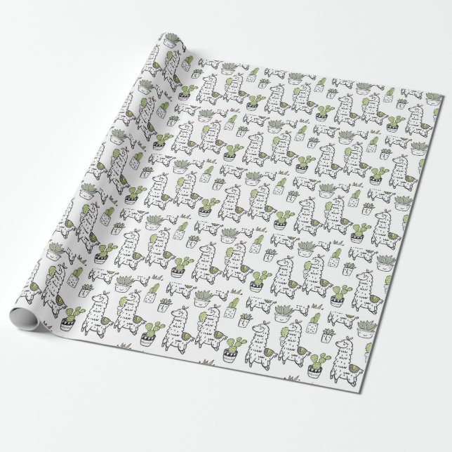 Papier Cadeau Motif mignon d'alpaga et de cactus (Déroulé)