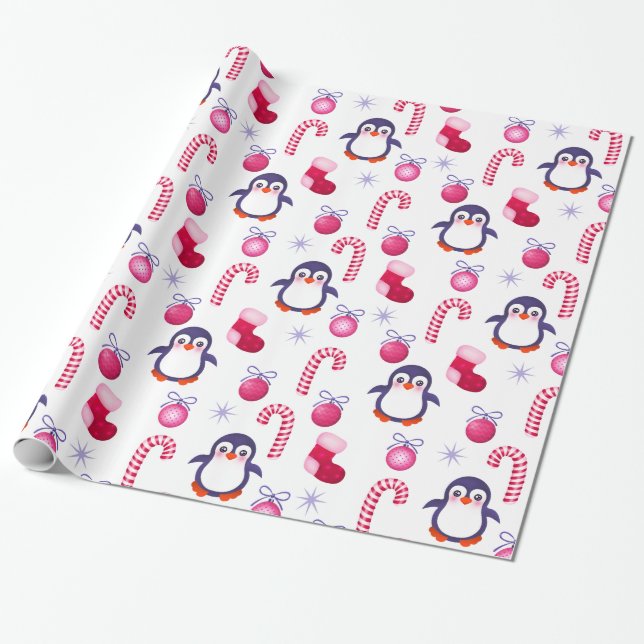 Papier Cadeau Motif mignon de Noël rose et blanc avec des (Déroulé)