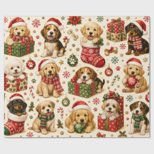 Papier Cadeau Motif Mignons Chiots de Noël Cadeau de Fêtes