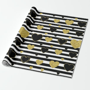 Papier Cadeau Motif minimaliste à rayures noires et cœur doré