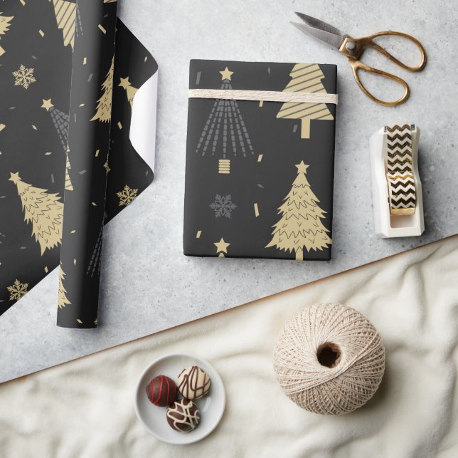 Papier Cadeau Motif moderne Black & Gold élégant sapin de Noël (Artisanat)