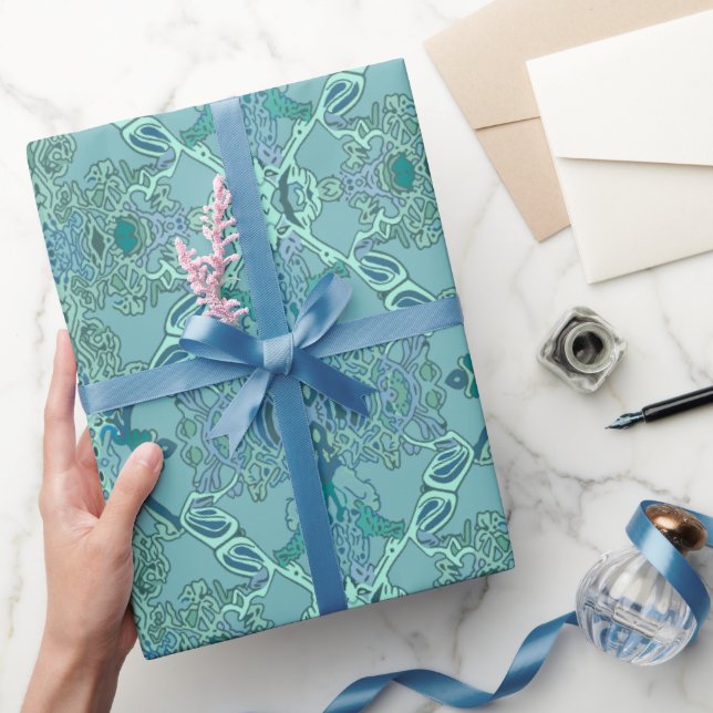 Papier Cadeau Motif moderne chic baroque en bleu et vert (Cadeaux)