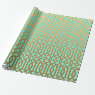 Papier Cadeau Motif moderne de treillis d'or et de menthe