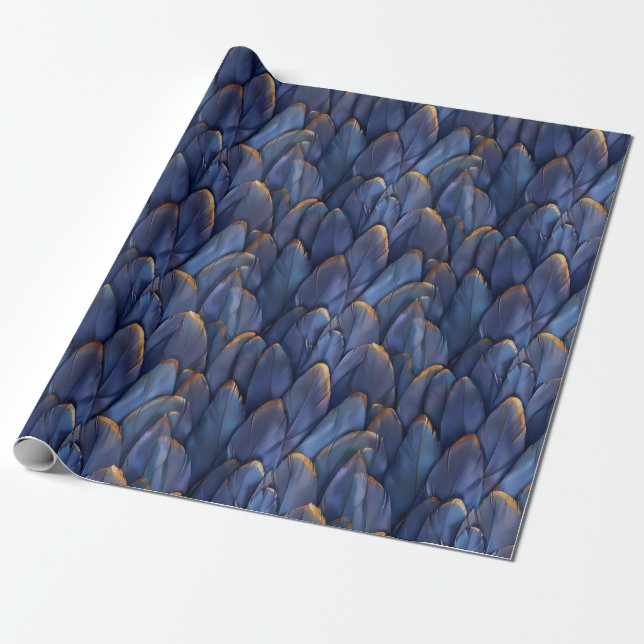 Papier Cadeau Motif moderne en plumes bleu foncé (Déroulé)