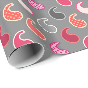 Papier Cadeau Motif moderne Paisley, Coral, rose sur gris / gris