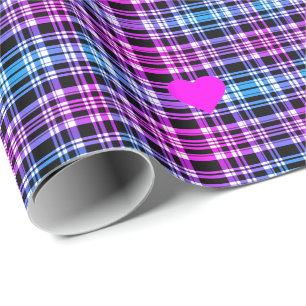 Papier Cadeau Motif moderne rose bleu noir plaid, coeur rose