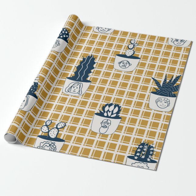 Papier Cadeau Motif moderne sans couture avec cactus en pot, mig (Déroulé)