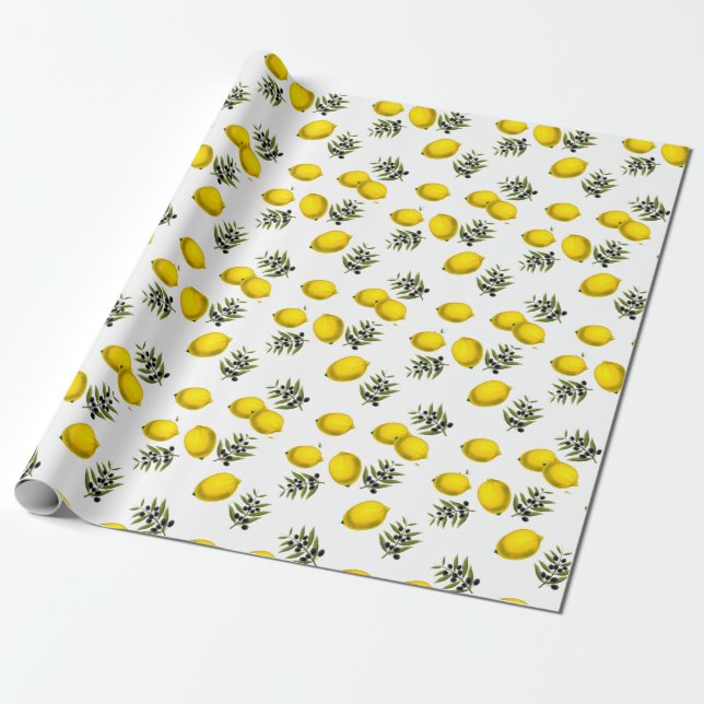 Papier Cadeau Motif Moderne Vintage Citron & Olive (Déroulé)
