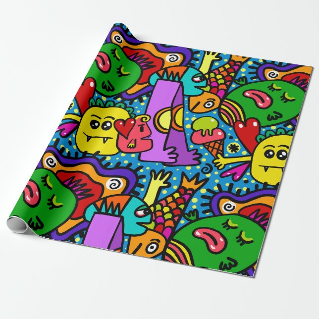 Papier Cadeau Motif Monster Doodle (Déroulé)