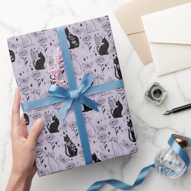 Papier Cadeau Motif mystique de chat noir et papillon | Cuisine (Cadeaux)