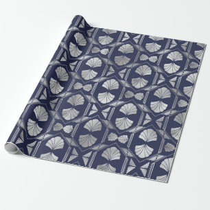 Papier Cadeau Motif Navy Blue and Silver Art Deco Shell