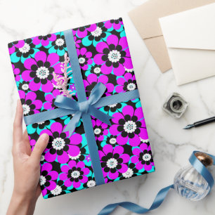 Papier Cadeau Motif Néon Floral Fleurs Violettes et Turquoise 