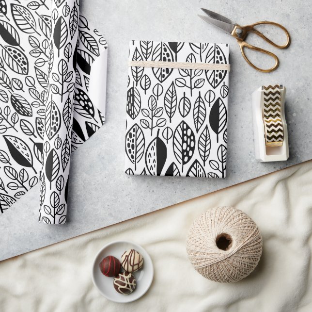 Papier Cadeau Motif noir de feuille dessinée à la main ID495 (Artisanat)