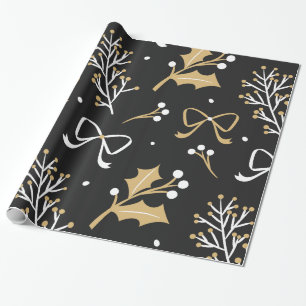 Papier Cadeau Motif noir élégant de gui et de Noël de ruban