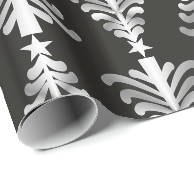 Papier Cadeau Motif noir et argenté moderne d'arbres de Noël (Coin rond)