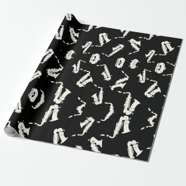 Papier Cadeau Motif noir et blanc saxophone (Déroulé)