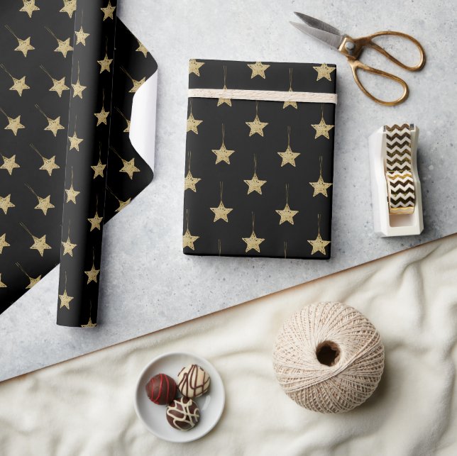 Papier Cadeau Motif noir moderne avec étoiles dorées  (Artisanat)