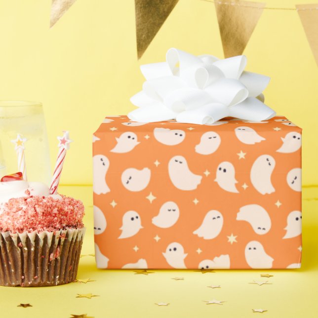 Papier Cadeau Motif Orange Ghost Doodle (Fête d'anniversaire)