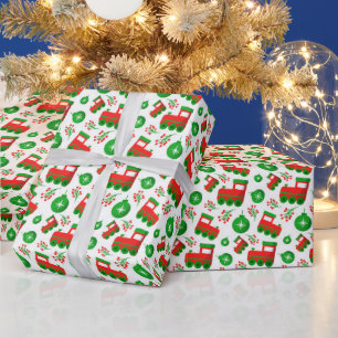 Papier Cadeau Motif ornemental de tracteur de Noël avec baies de