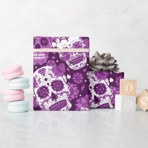 Papier Cadeau Motif ornemental floral de crâne de sucre violet