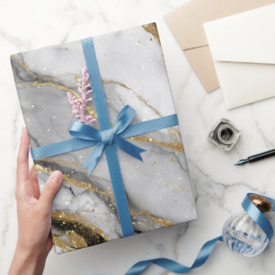 Papier Cadeau Motif Pailleté Blanc Veine Or Marbre de Luxe