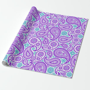 Papier Cadeau Motif paisley blanc et turquoise