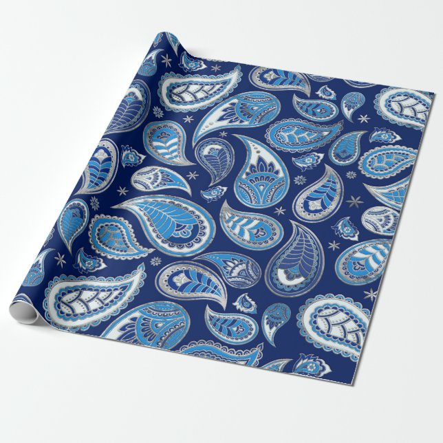 Papier Cadeau Motif Paisley - Bleu et argent (Déroulé)