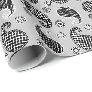 Papier Cadeau Motif Paisley, gris argenté, noir et blanc