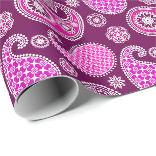 Papier Cadeau Motif Paisley, rose fuchsia, violet et blanc