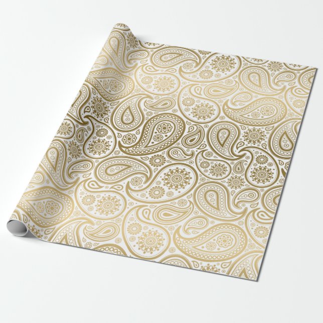 Papier Cadeau Motif Paisley Vintage blanc et or (Déroulé)