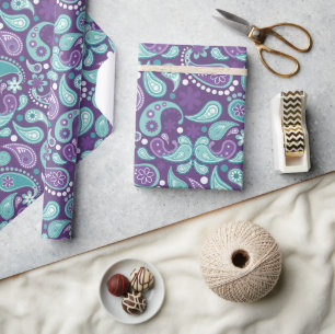 Papier Cadeau Motif Paisley Violet et Bleu Clair Shabby Chic