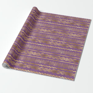 Papier Cadeau Motif Paon Violet et Or Bohème
