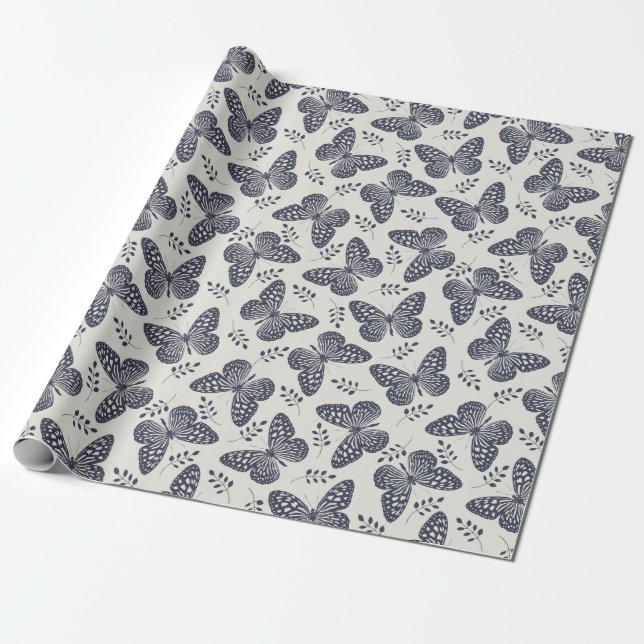 Papier Cadeau Motif papillon bleu foncé sur arrière - plan gris (Déroulé)