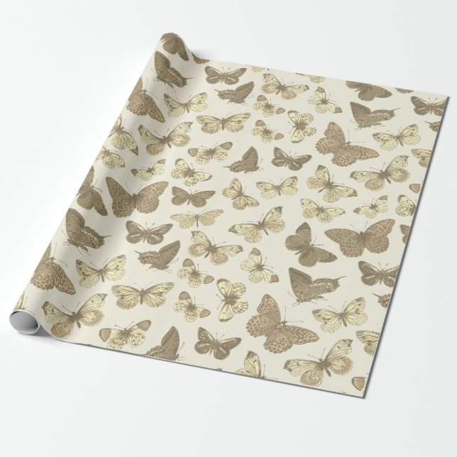 Papier Cadeau Motif papillon doré beige joli et féminin (Déroulé)