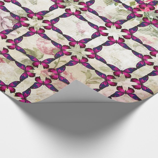 Papier Cadeau Motif papillon rose sur Shabby Roses Vintages (Coin)