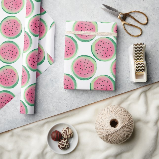 Papier Cadeau Motif pastèque rose et vert aquarelle (Artisanat)
